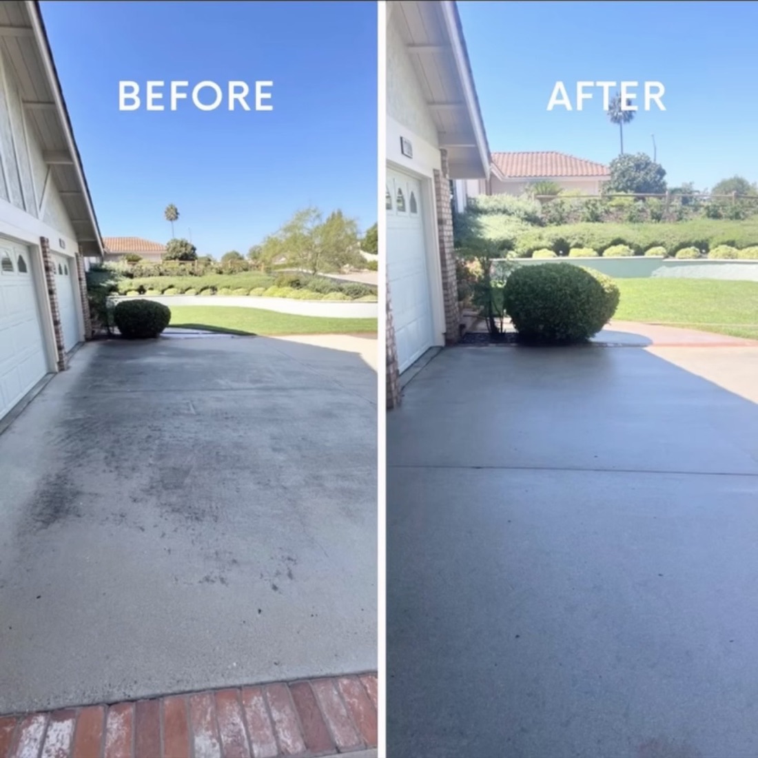 Stained driveway, then clean after pressure washing