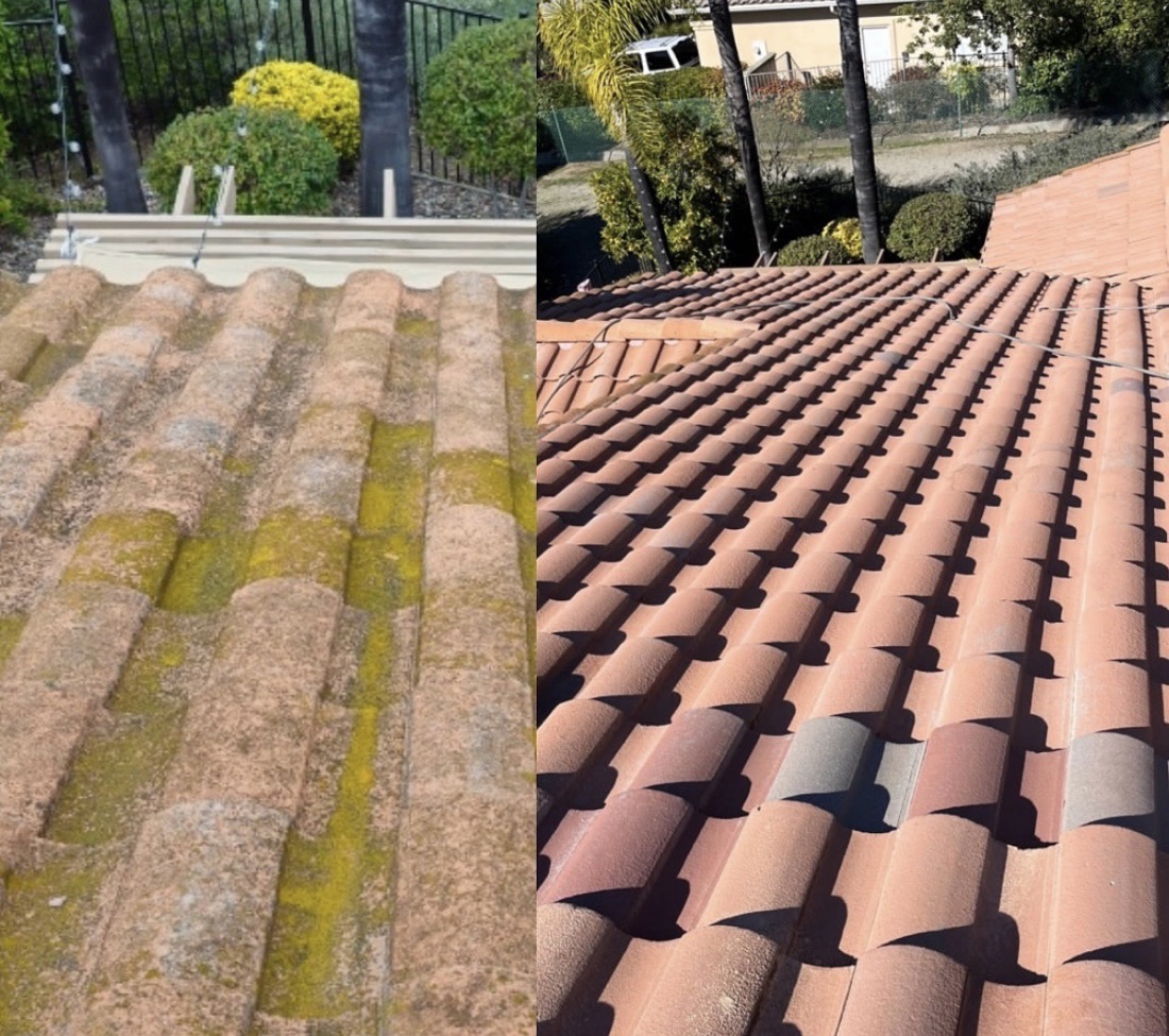 Clay S-tile roof covered in moss, then clean