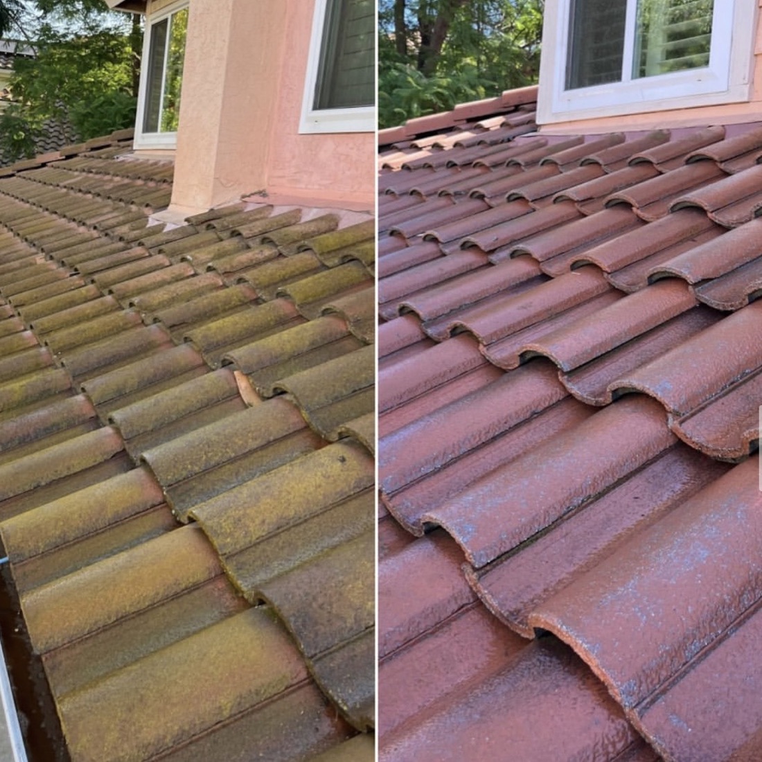 Clay tile roof before and after cleaning
