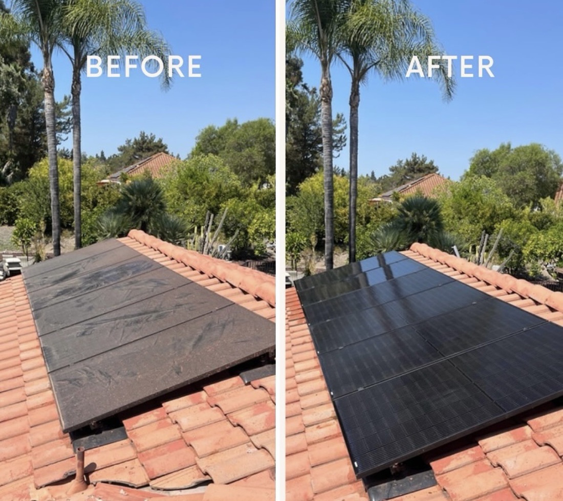Dusty solar panels on a tile roof, then clean